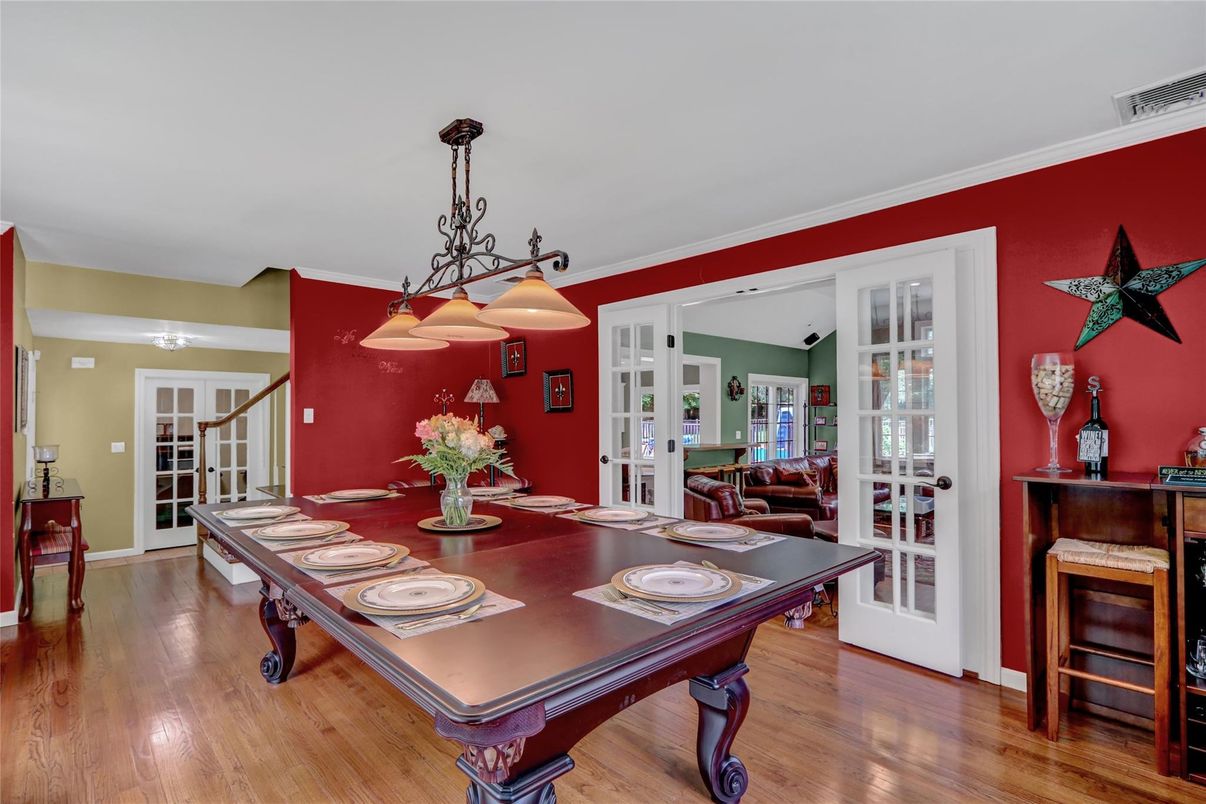 Dining room, Interior, Pendant Lights, Wood Texture Flooring