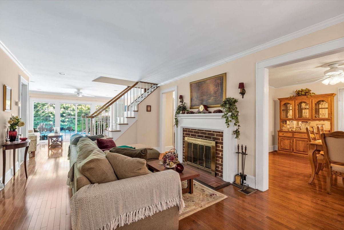 Dining room, Fireplace, Interior, Living room, Wood Texture Flooring
