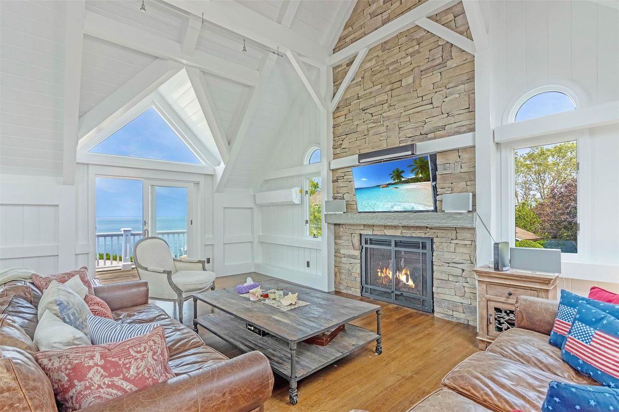 Fireplace, Interior, Living room, Stone Walls, Water, Wood Texture Flooring