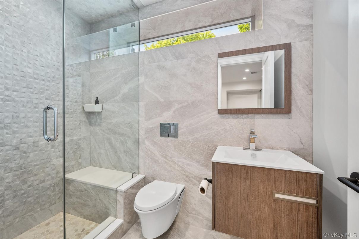 Bathroom, Glass Shower, Interior, Marble Walls, Recessed Lighting