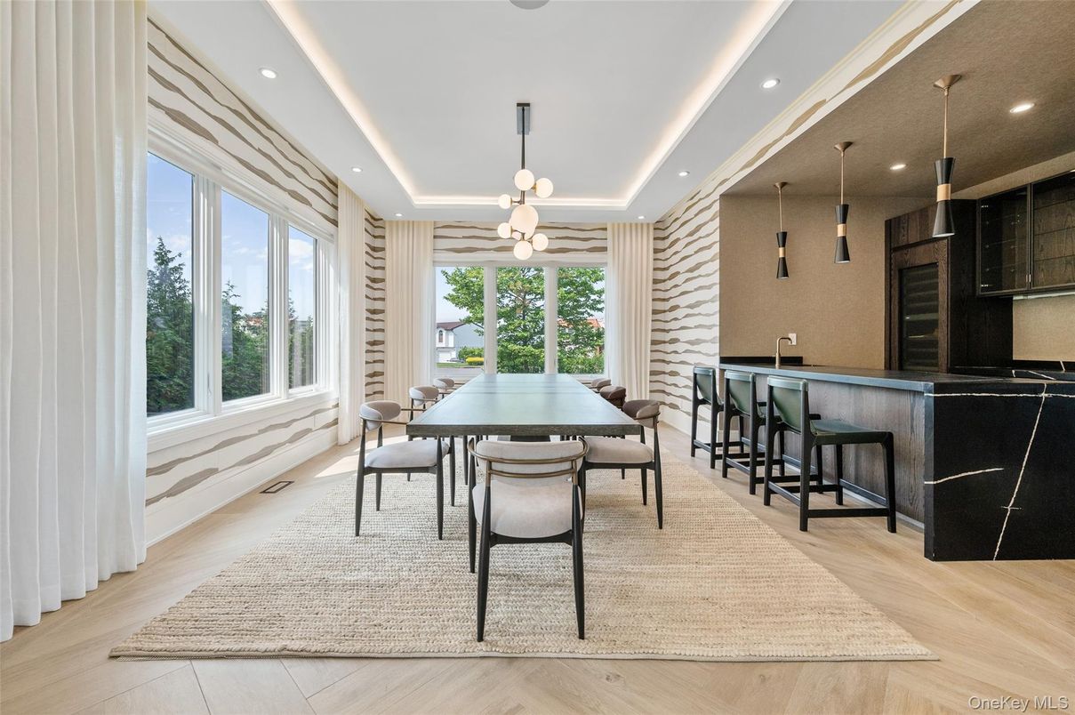 Dining room, Interior, Pendant Lights, Recessed Lighting, Wood Texture Flooring