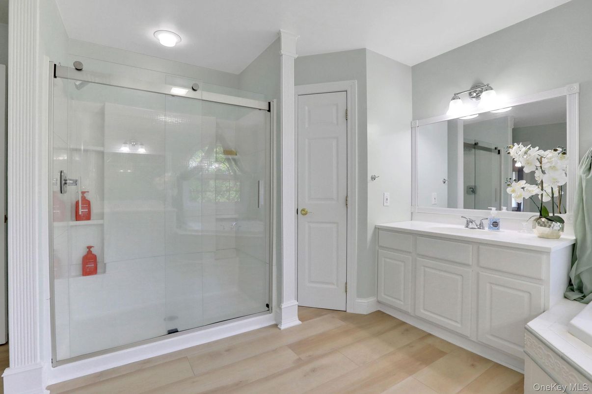 Bathroom, Glass Shower, Interior, Wood Texture Flooring