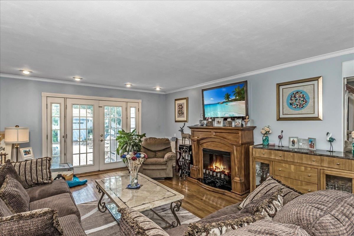 Fireplace, Interior, Living room, Recessed Lighting, Wood Texture Flooring