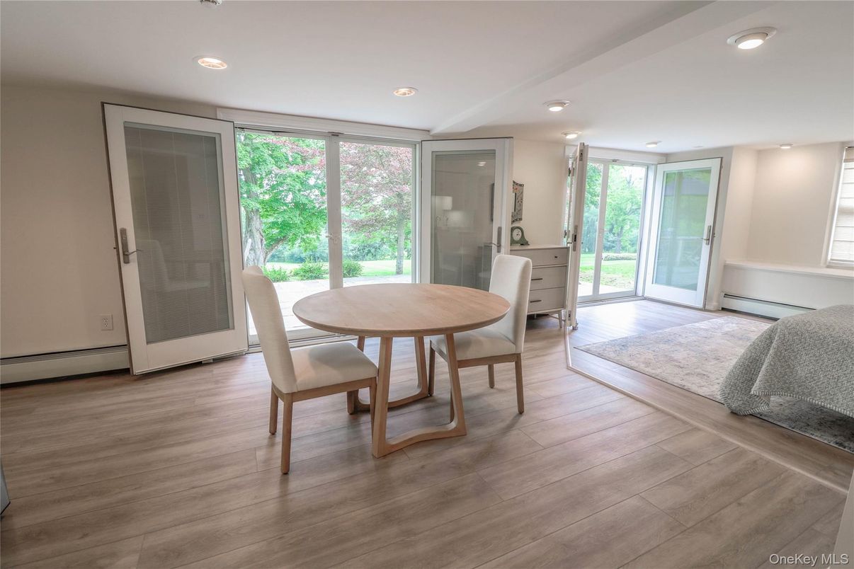 Dining room, Interior, Recessed Lighting, Wood Texture Flooring