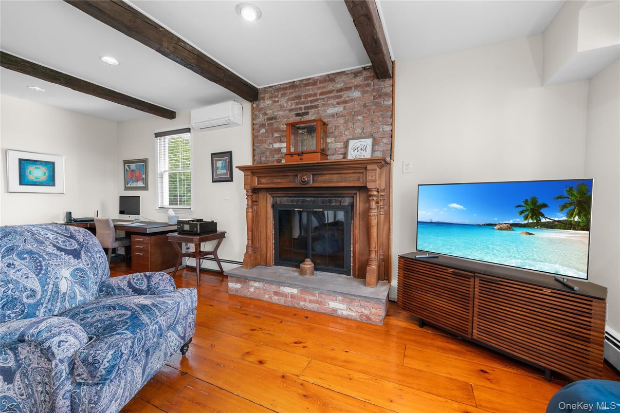 Fireplace, Home Office, Interior, Recessed Lighting, Stone Walls, Wooden Beams, Wood Texture Flooring