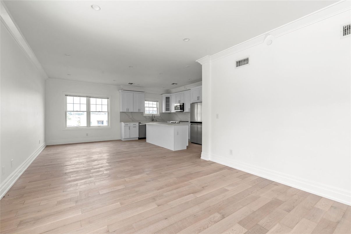Empty room, Interior, Kitchen, Recessed Lighting, Wood Texture Flooring