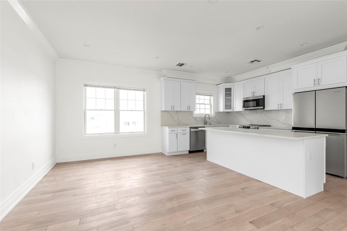 Interior, Kitchen, Marble Walls, Recessed Lighting, Wood Texture Flooring