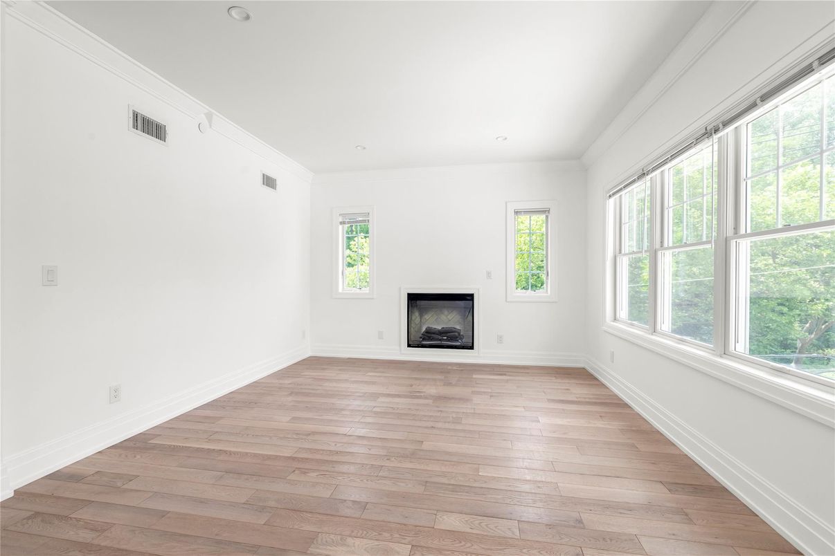 Empty room, Fireplace, Interior, Recessed Lighting, Wood Texture Flooring