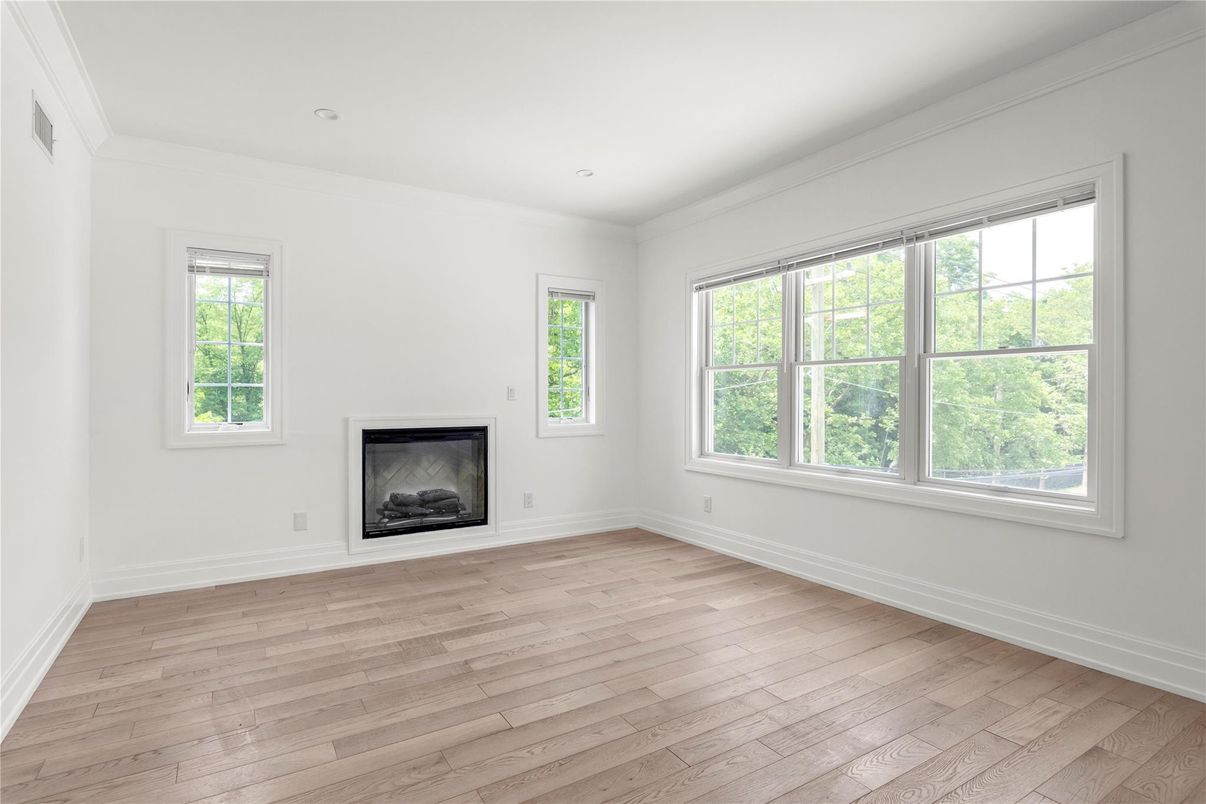 Empty room, Fireplace, Interior, Recessed Lighting, Wood Texture Flooring