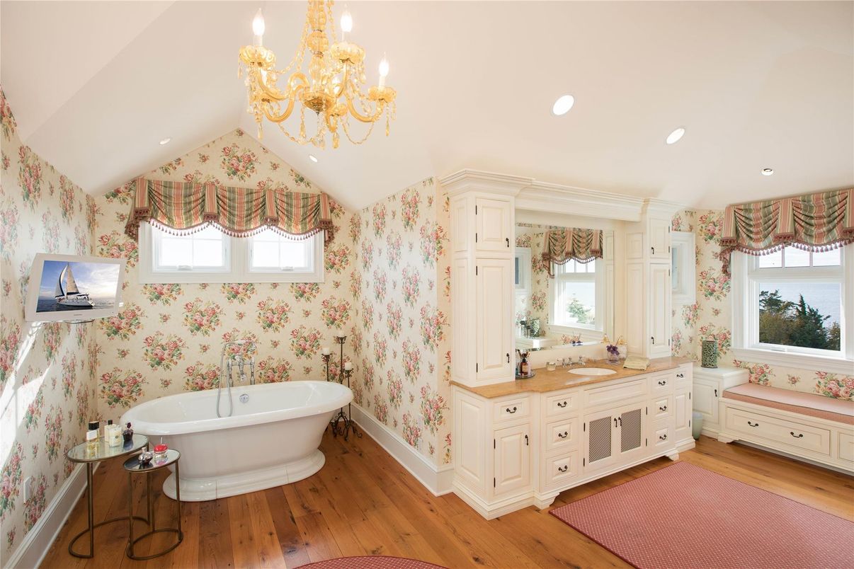 Bathroom, Chandelier, Free Standing Baths, Interior, Recessed Lighting, Wood Texture Flooring