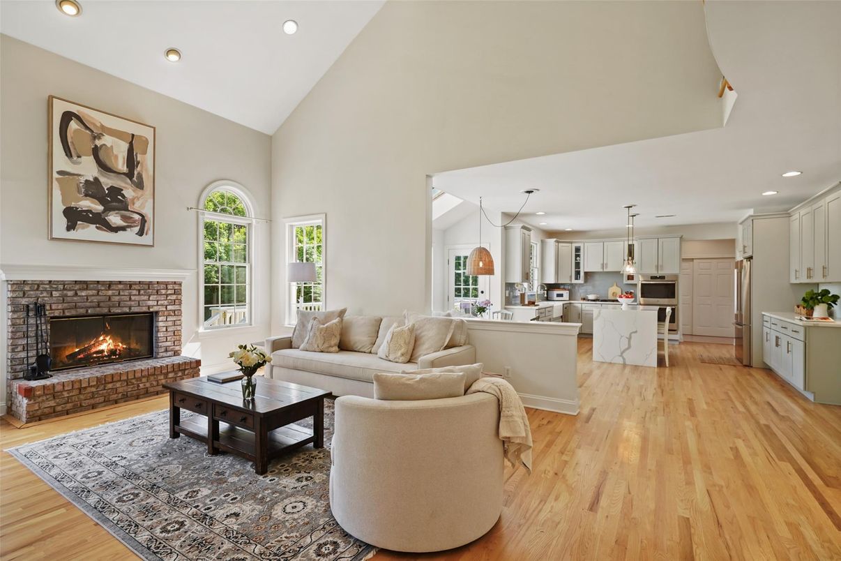 Fireplace, Interior, Kitchen, Living room, Pendant Lights, Recessed Lighting, Wood Texture Flooring