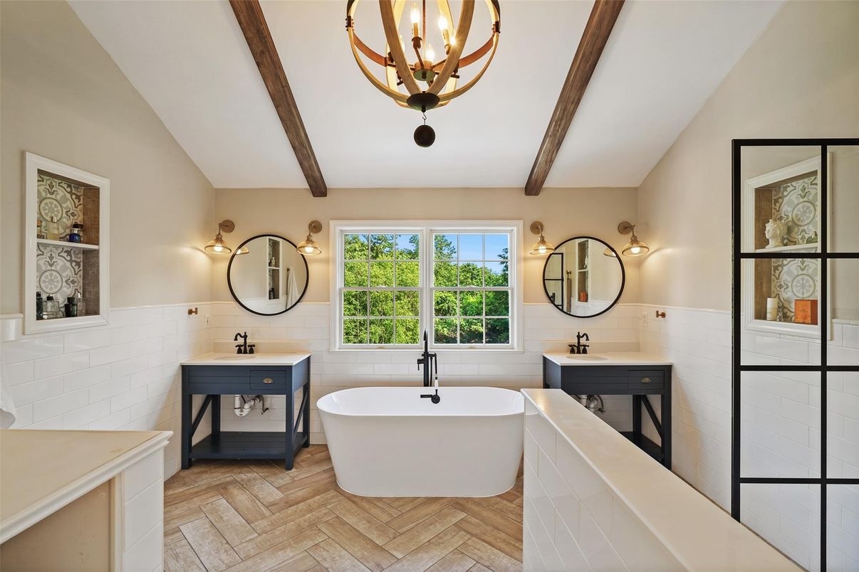 Bathroom, Chandelier, Dual Sink Vanities, Free Standing Baths, Interior, Wooden Beams, Wood Texture Flooring