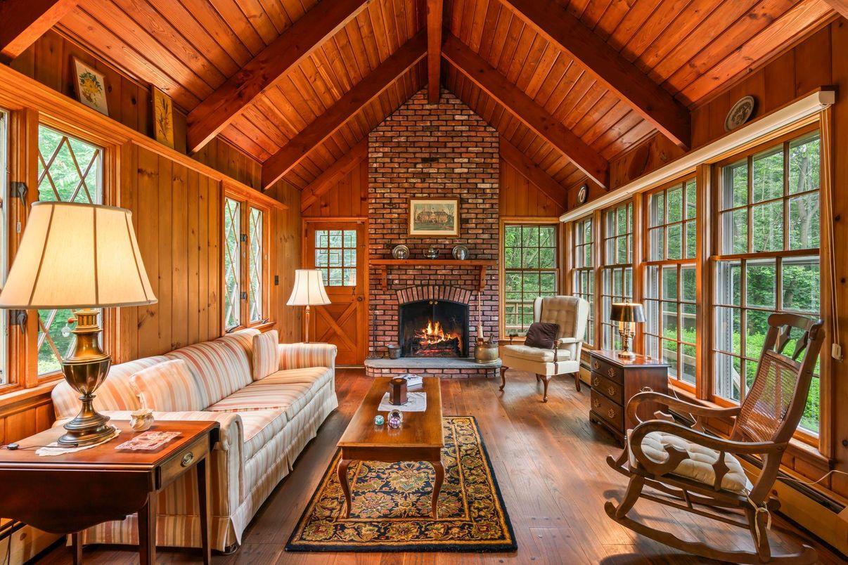 Fireplace, Interior, Living room, Stone Walls, Wooden Beams, Wooden Ceilings, Wood Texture Flooring, Wooden Walls