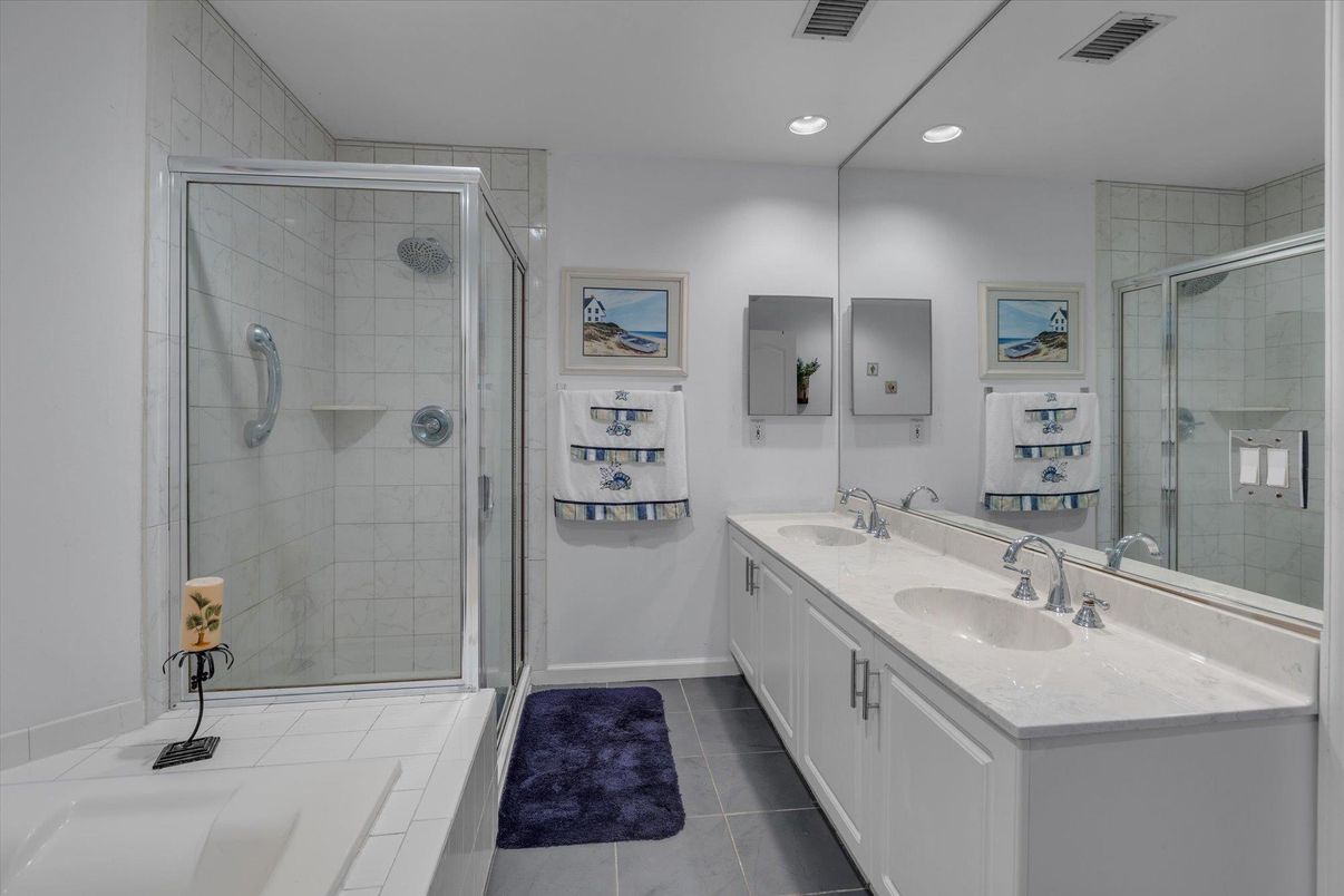 Bathroom, Dual Sink Vanities, Glass Shower, Interior, Recessed Lighting