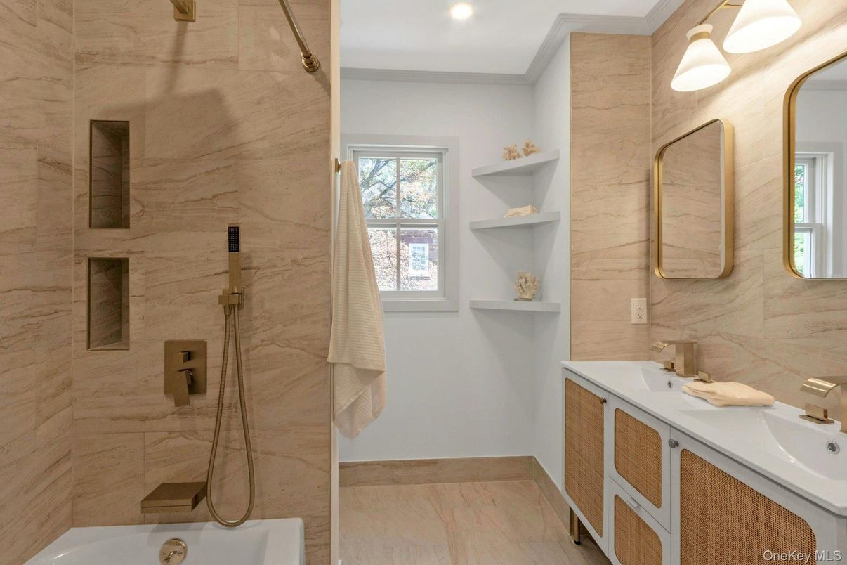 Bathroom, Dual Sink Vanities, Interior, Marble Walls, Recessed Lighting