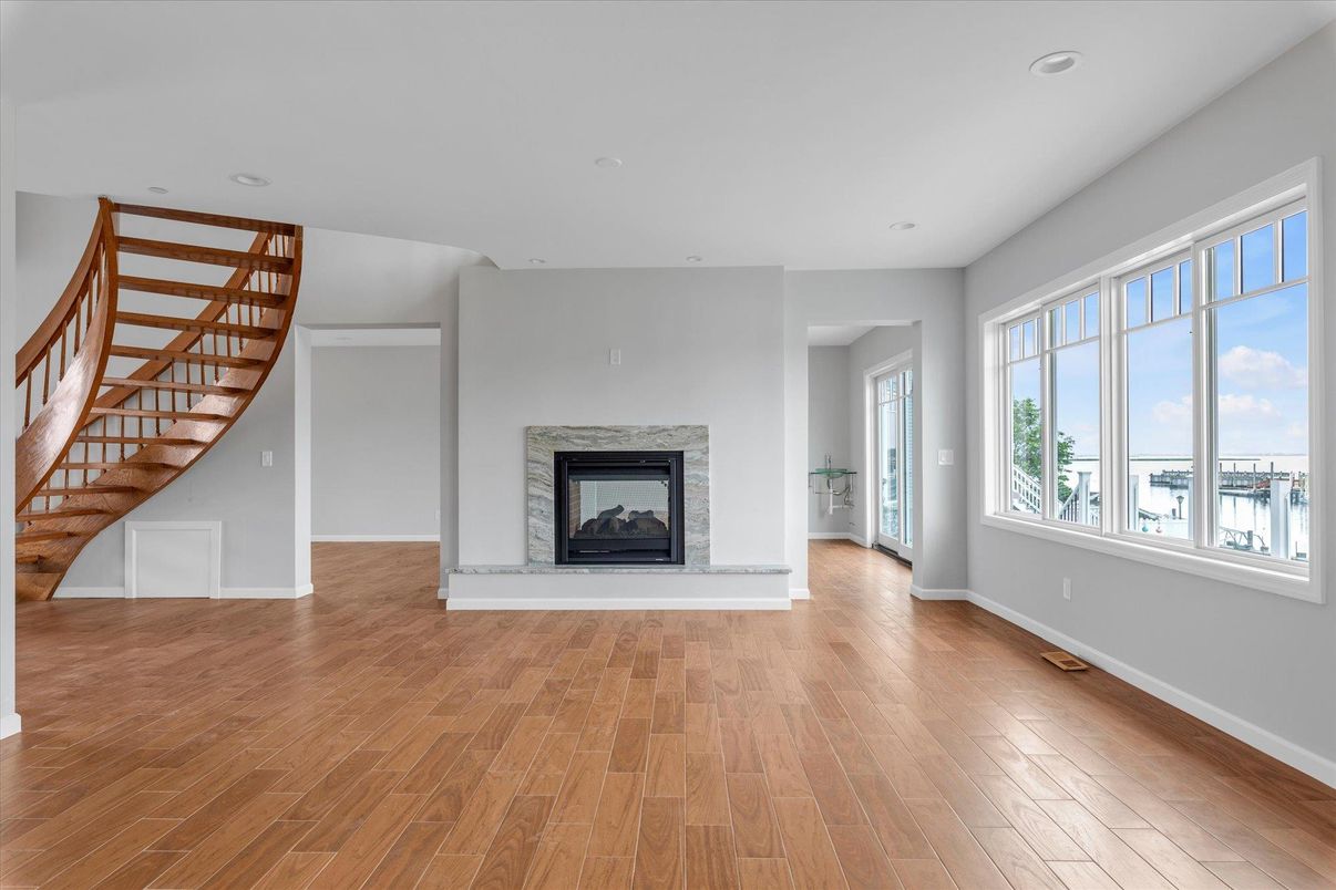 Empty room, Fireplace, Interior, Recessed Lighting, Wood Texture Flooring