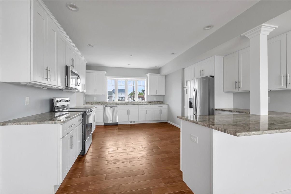 Interior, Kitchen, Recessed Lighting, Stainless Steel Appliances, Wood Texture Flooring