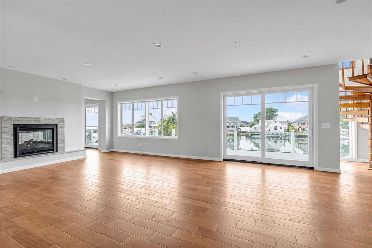 Empty room, Fireplace, Interior, Recessed Lighting, Wood Texture Flooring