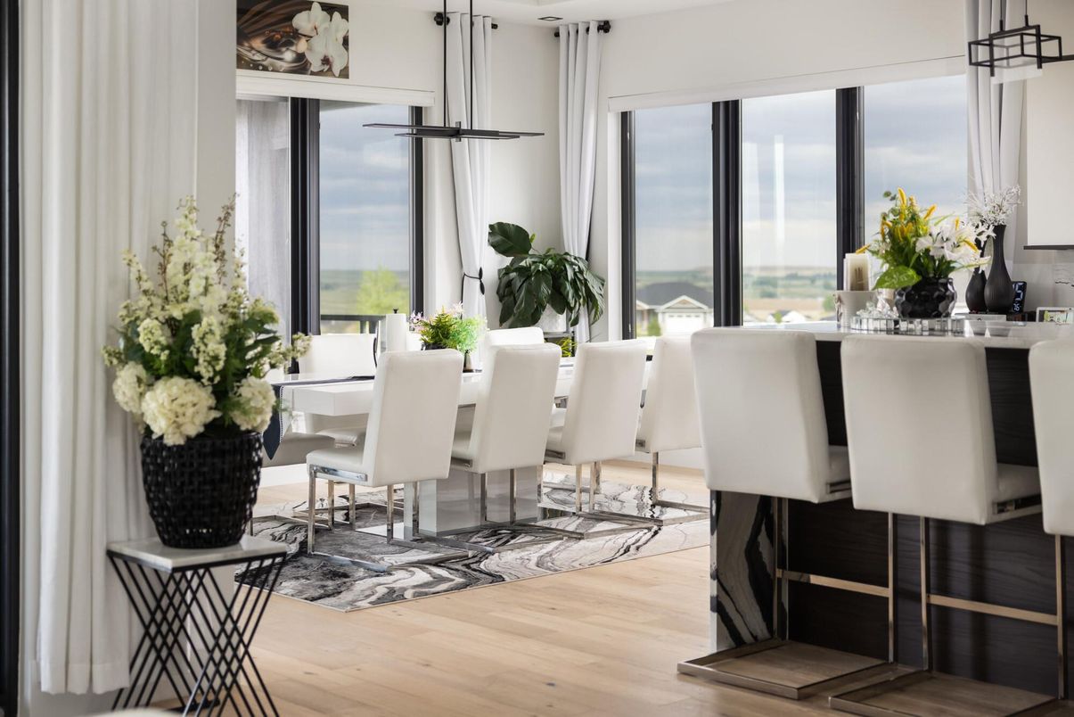 Dining room, Interior, Pendant Lights, Water, Wood Texture Flooring