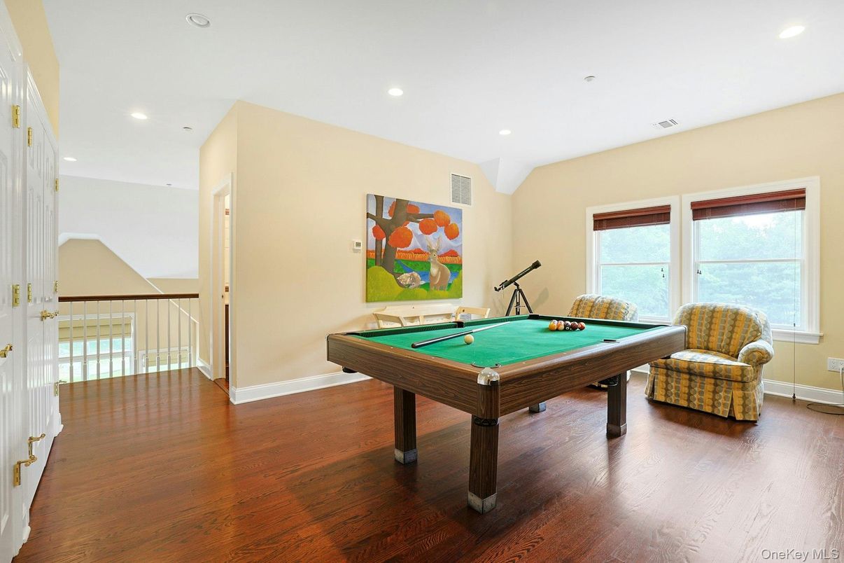 Billiard Table, Game Room, Interior, Recessed Lighting, Wood Texture Flooring
