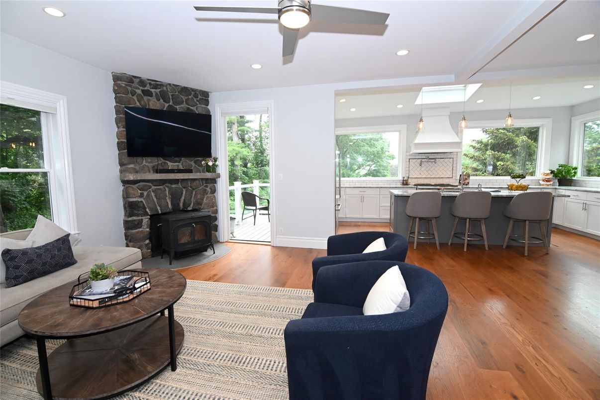Fireplace, Interior, Kitchen, Living room, Pendant Lights, Recessed Lighting, Stone Walls, Wood Texture Flooring