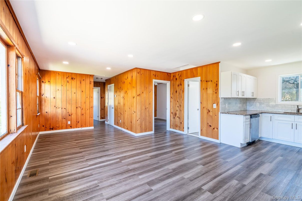 Empty room, Interior, Kitchen, Recessed Lighting, Wood Texture Flooring, Wooden Walls