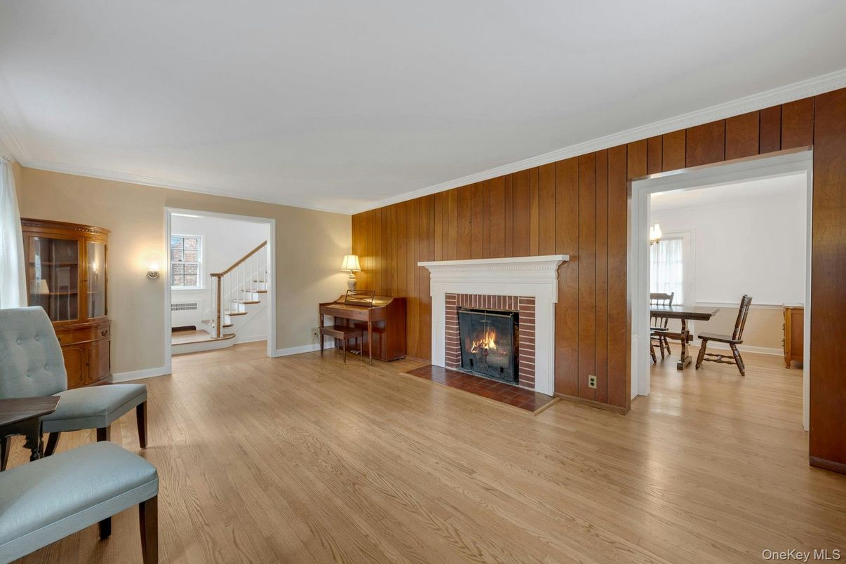 Dining room, Fireplace, Interior, Wood Texture Flooring, Wooden Walls