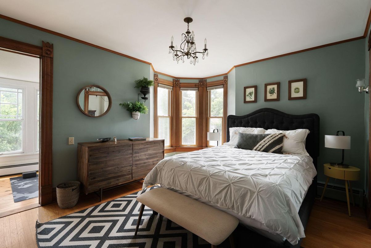 Bedroom, Chandelier, Interior, Wood Texture Flooring