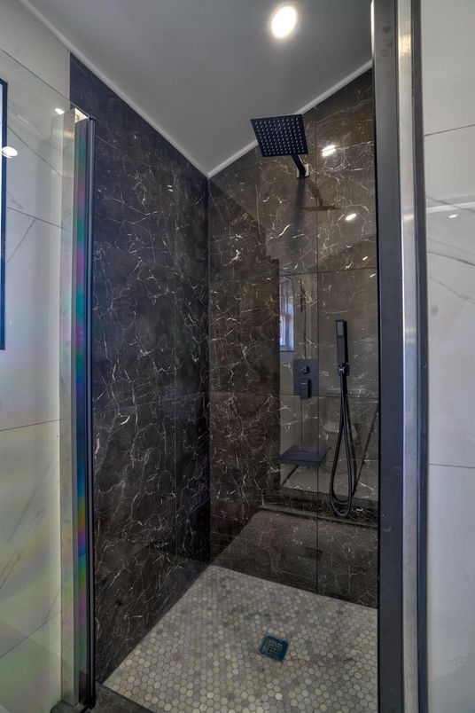 Bathroom, Glass Shower, Interior, Marble Walls, Recessed Lighting
