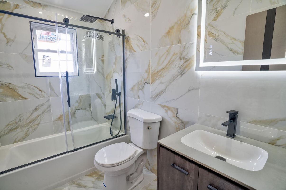 Bathroom, Glass Shower, Interior, Marble, Marble Walls, Recessed Lighting
