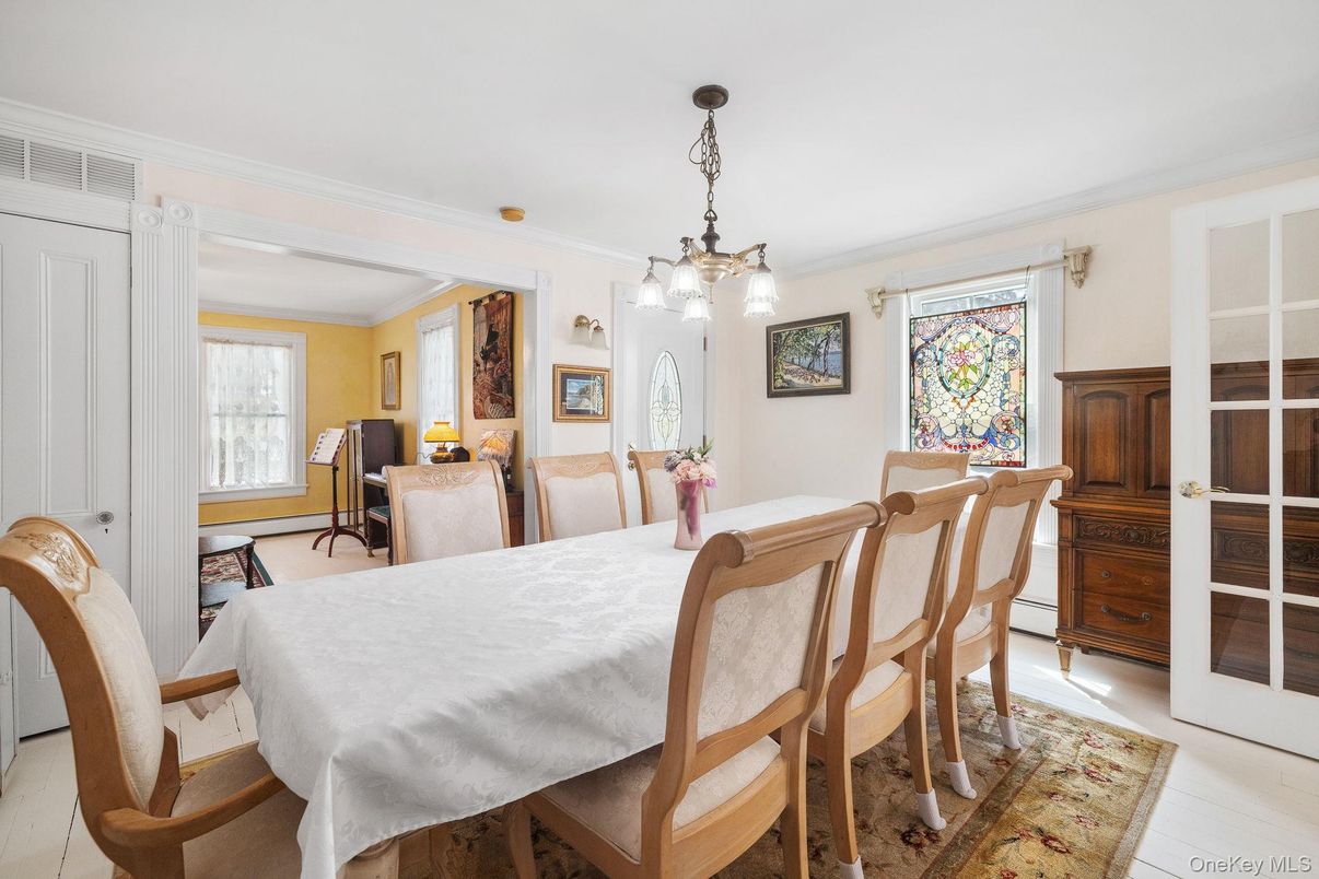 Dining room, Interior, Pendant Lights, Wood Texture Flooring