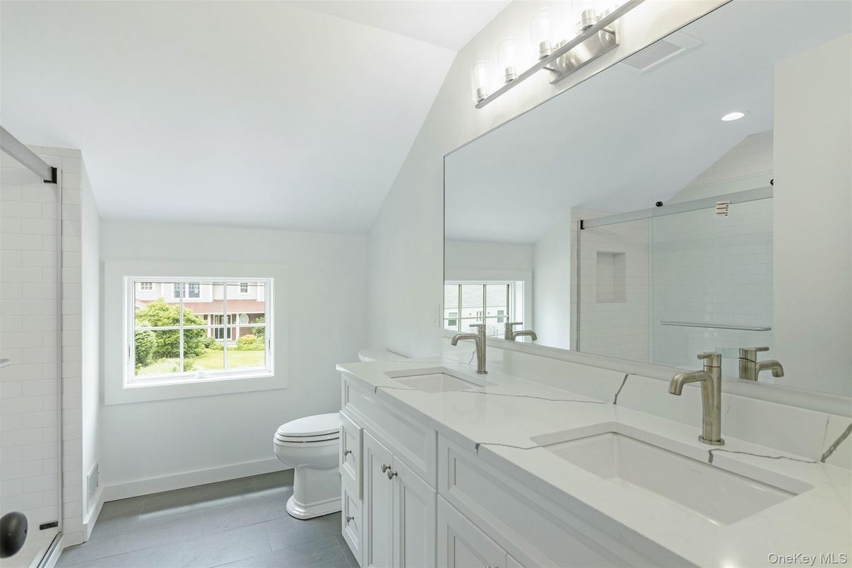 Bathroom, Dual Sink Vanities, Interior, Recessed Lighting, Wood Texture Flooring