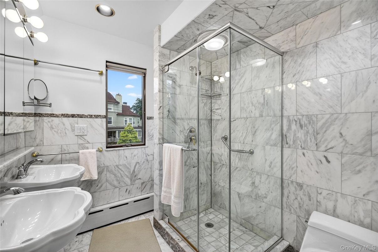 Bathroom, Glass Shower, Interior, Marble Walls, Recessed Lighting