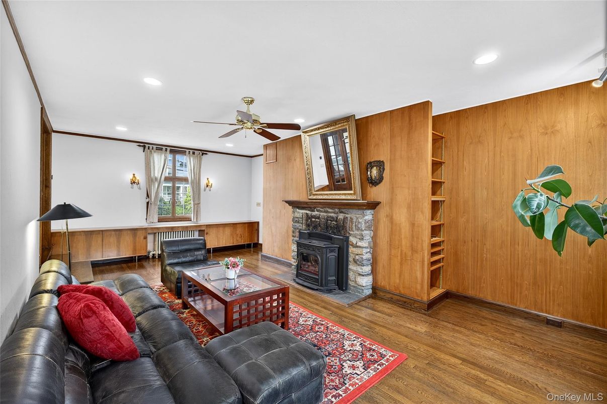 Fireplace, Interior, Living room, Recessed Lighting, Wood Texture Flooring, Wooden Walls