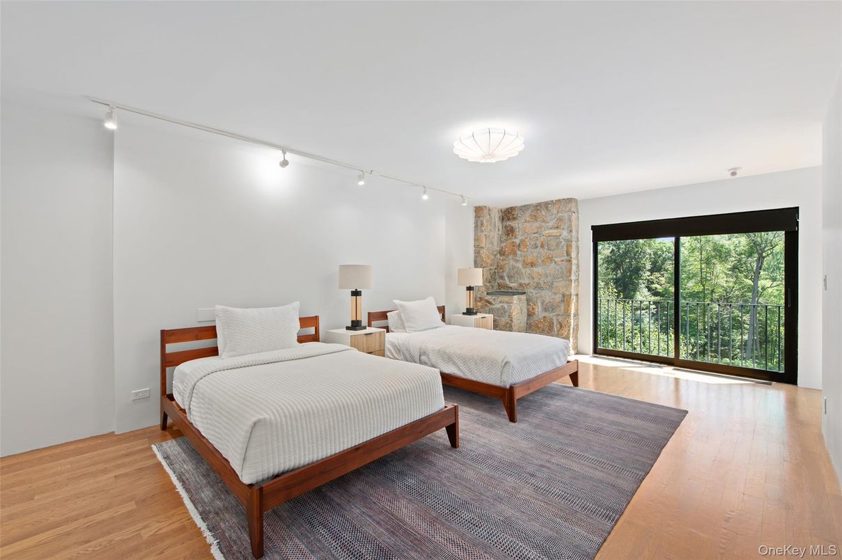 Bedroom, Interior, Stone Walls, Wood Texture Flooring