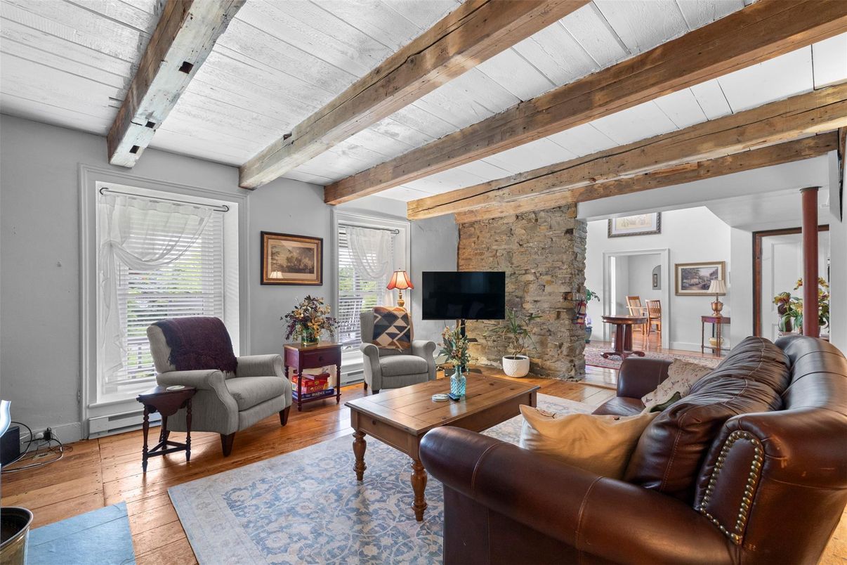 Interior, Living room, Stone Walls, Wooden Beams, Wood Texture Flooring