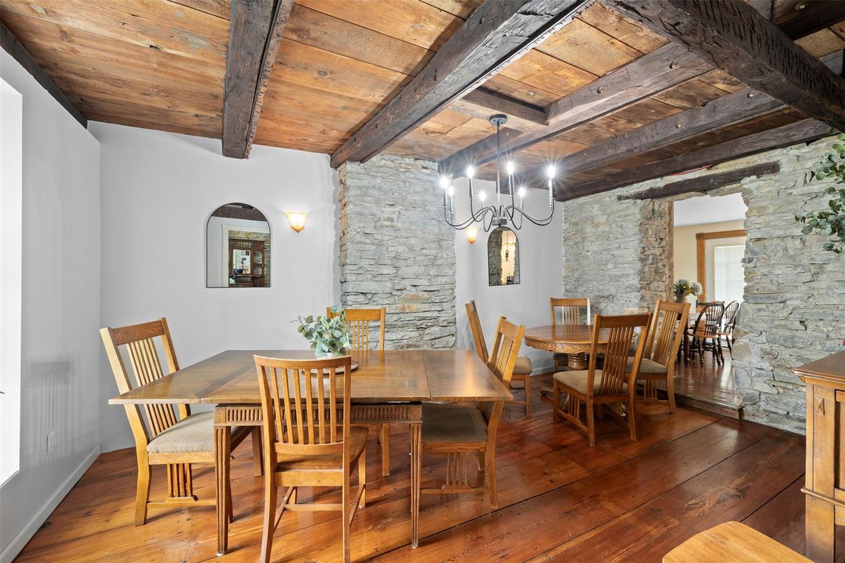 Chandelier, Dining room, Interior, Stone Walls, Wooden Beams, Wooden Ceilings, Wood Texture Flooring