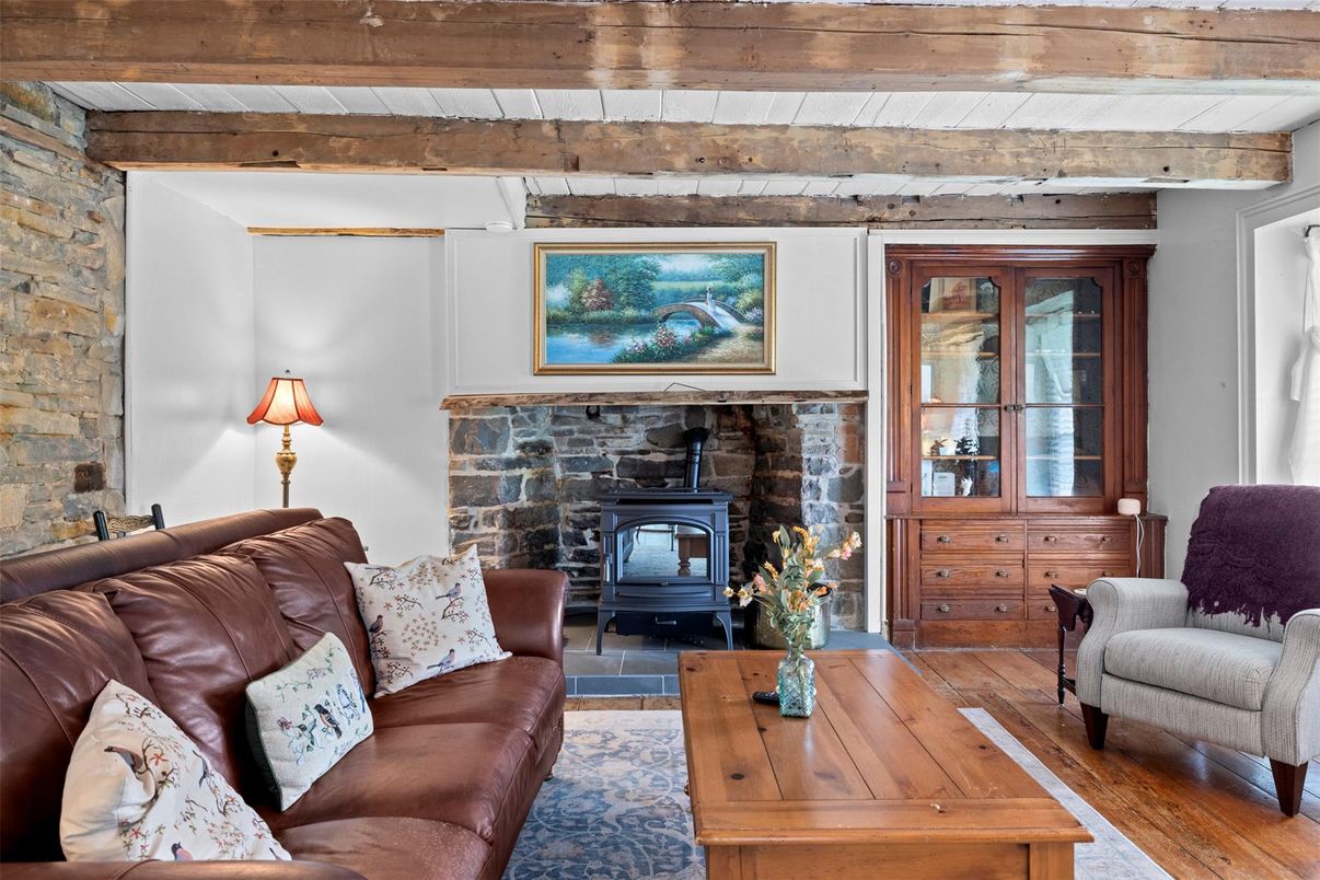 Fireplace, Interior, Living room, Stone Walls, Wooden Beams, Wood Texture Flooring