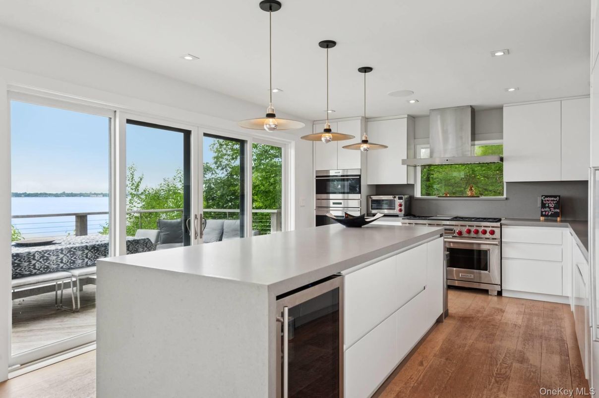 Interior, Kitchen, Pendant Lights, Recessed Lighting, Stainless Steel Appliances, Water, Wood Texture Flooring