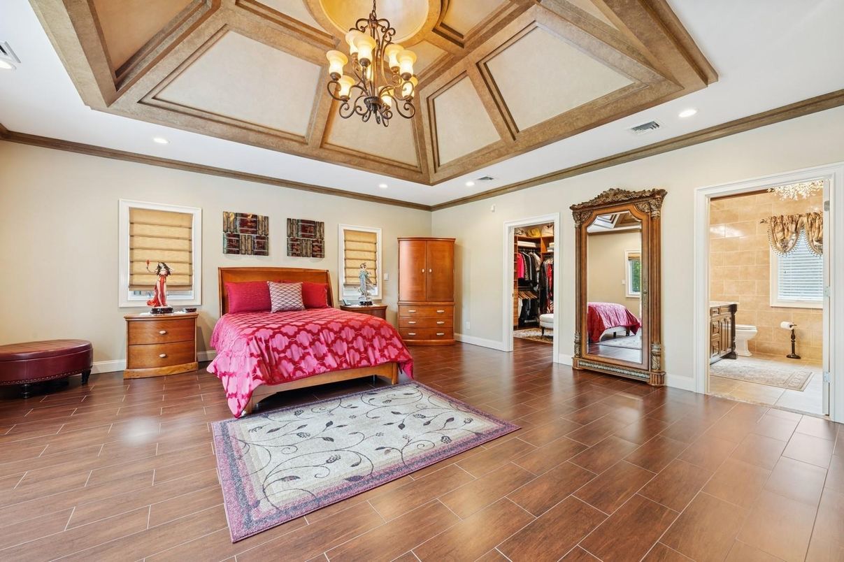 Bedroom, Chandelier, Interior, Recessed Lighting, Wood Texture Flooring