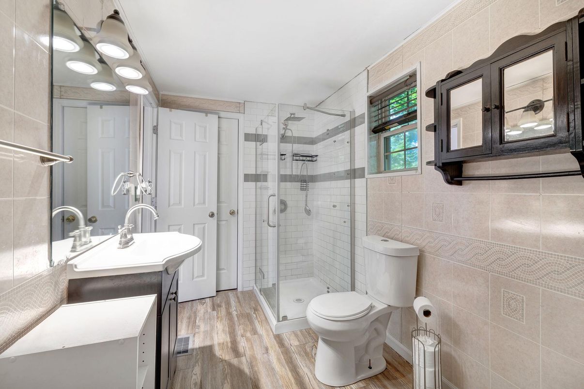 Bathroom, Glass Shower, Interior, Wood Texture Flooring