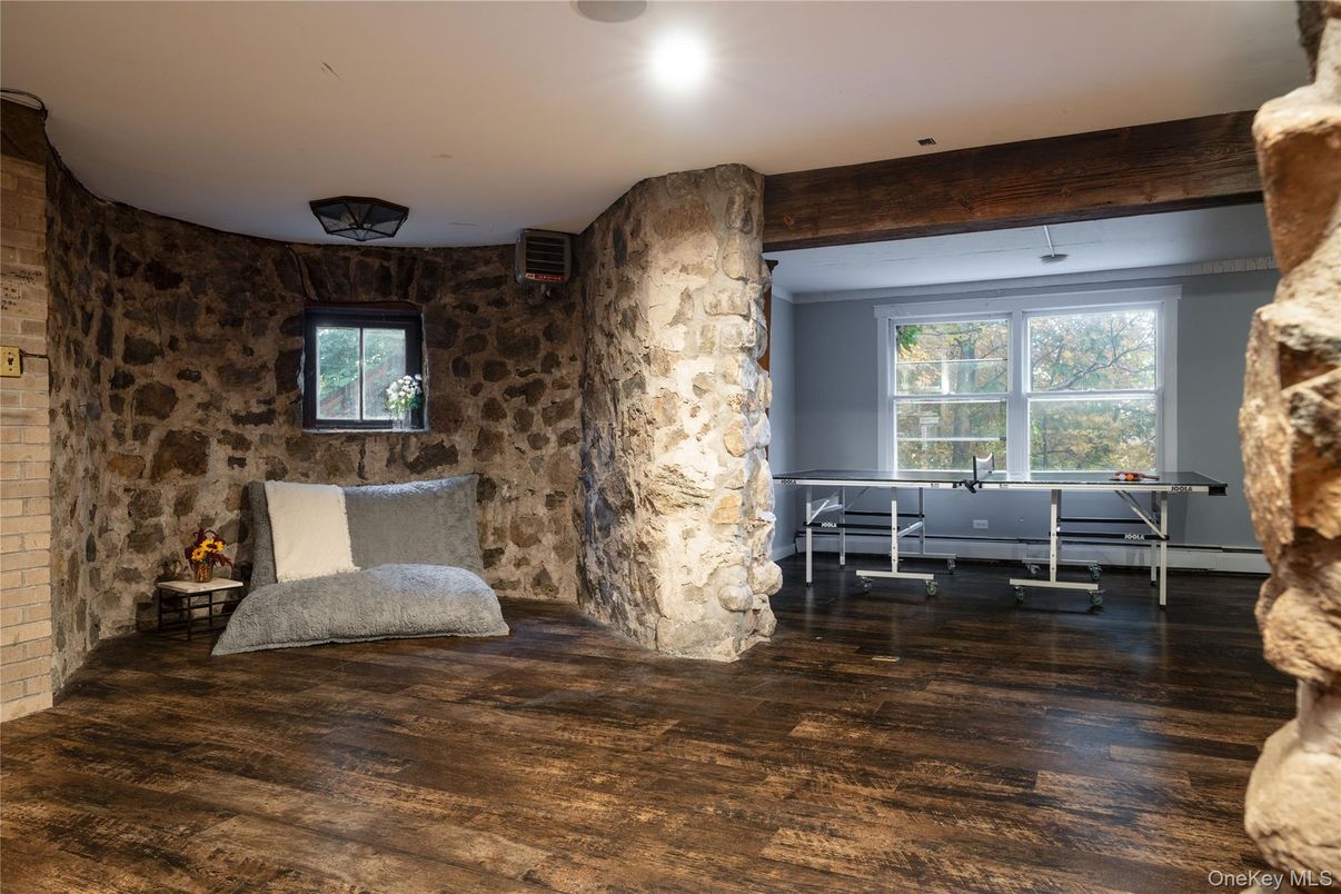 Fireplace, Interior, Recessed Lighting, Stone Walls, Wood Texture Flooring