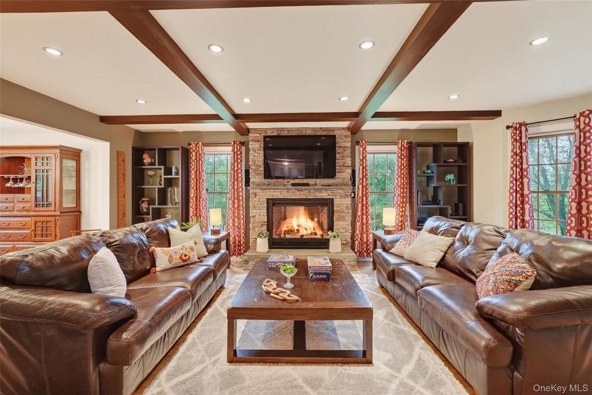 Fireplace, Interior, Living room, Recessed Lighting, Stone Walls
