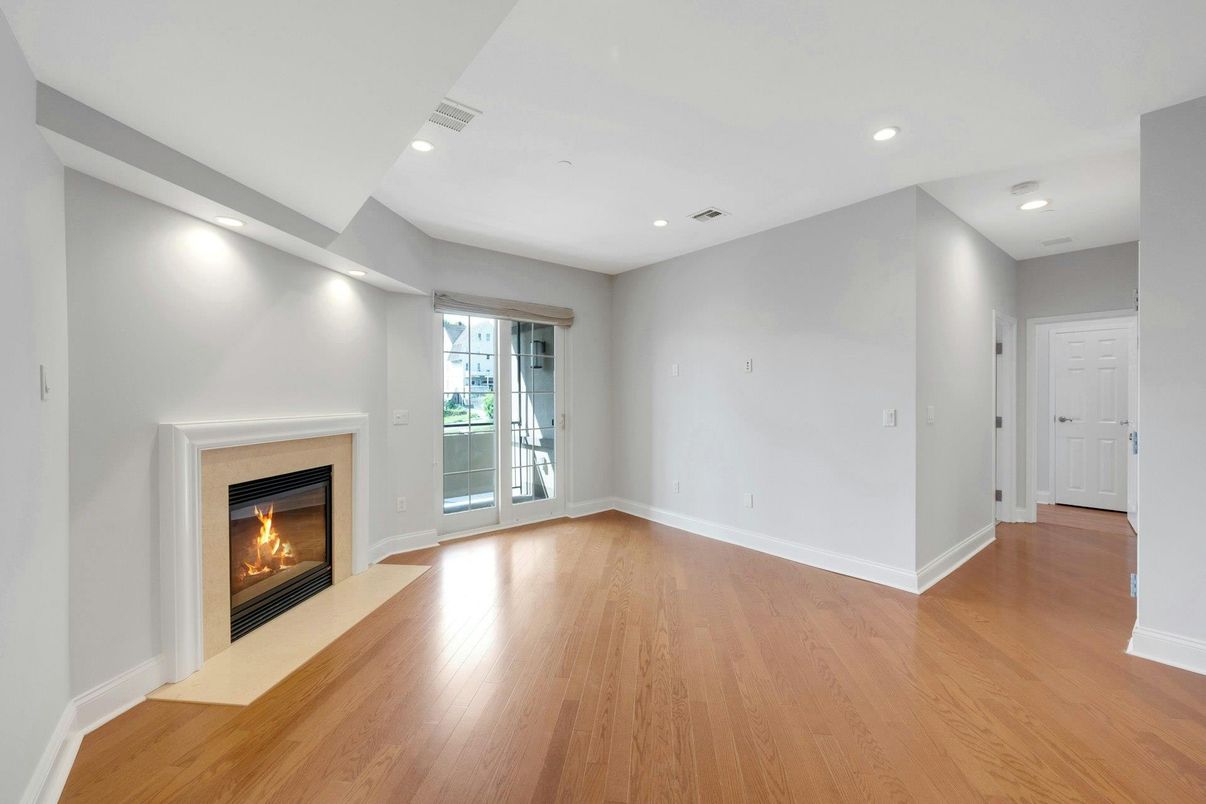 Empty room, Fireplace, Interior, Recessed Lighting, Wood Texture Flooring