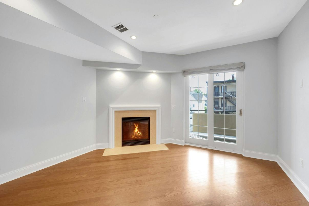 Empty room, Fireplace, Interior, Recessed Lighting, Wood Texture Flooring