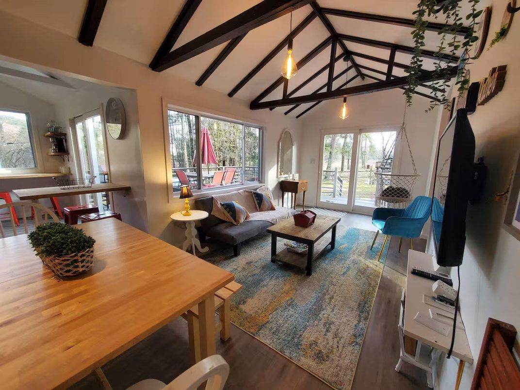 Dining room, Interior, Living room, Pendant Lights, Wooden Beams, Wood Texture Flooring