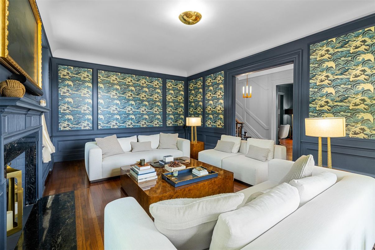 Fireplace, Interior, Living room, Pendant Lights, Wood Texture Flooring