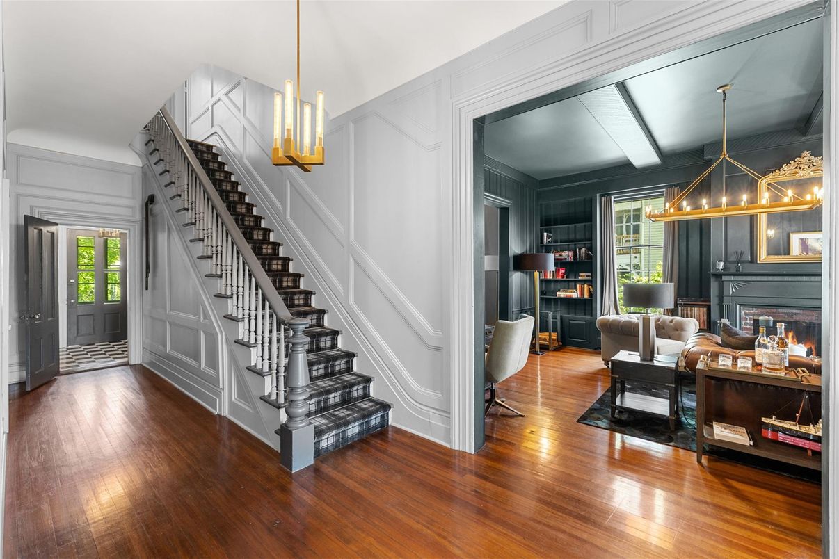 Fireplace, Interior, Pendant Lights, Wood Texture Flooring