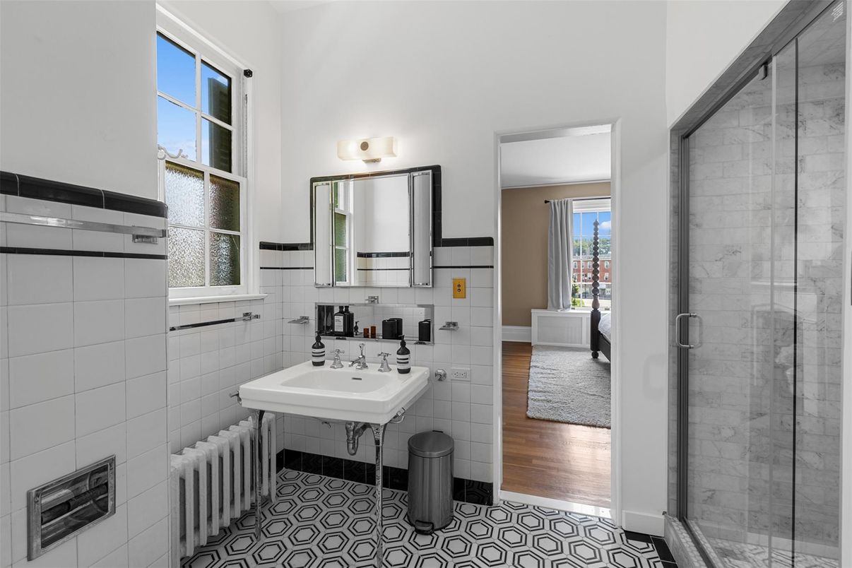 Bathroom, Glass Shower, Interior, Wood Texture Flooring