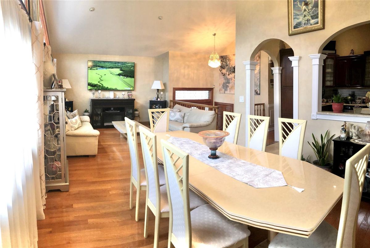 Dining room, Fireplace, Interior, Living room, Pendant Lights, Recessed Lighting, Wood Texture Flooring